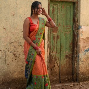 Border kanjivaram with cloth applique in Organdy floral motifs