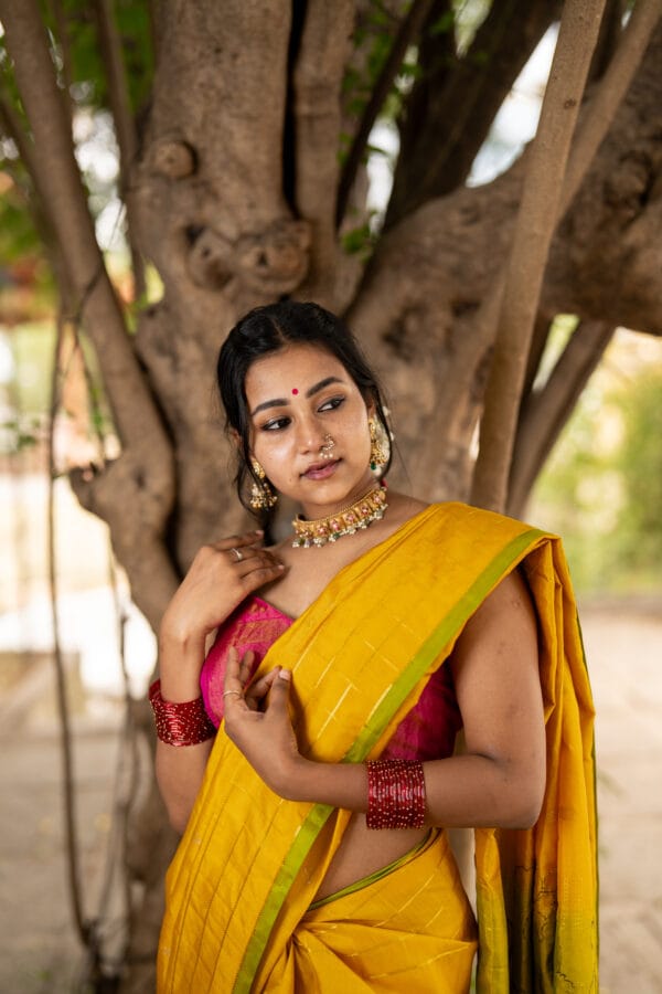 A Double warp kanjivaram light weight silk saree with a broad check border & dual shaded pallu - Image 3