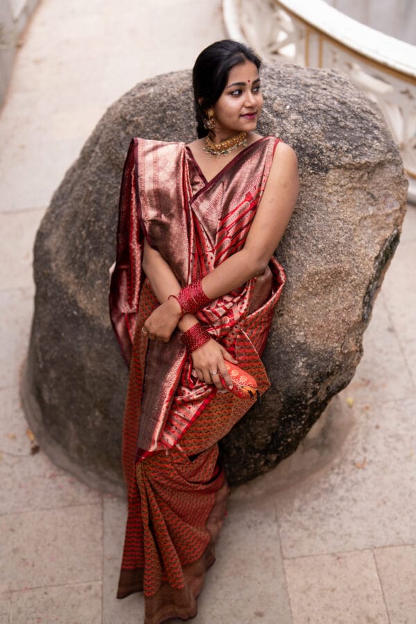 A Banarasi silk with a vertical stripe hand woven design with a zari pallu elevates the look - Image 7