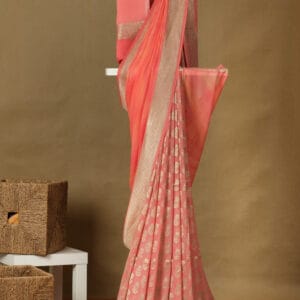 A Banaras georgette half & half with a zari butties in the pleat