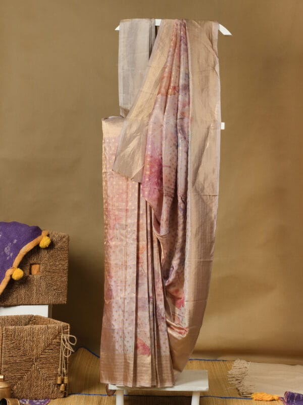 A tissue banarasi saree with floral digital print motifs with a plain tissue blouse. - Image 2