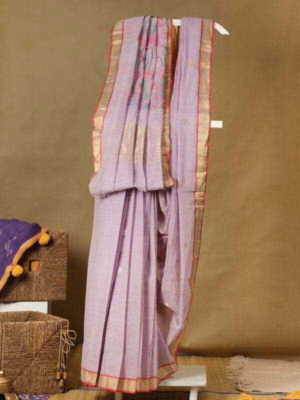 100 count ponduru khadi with all over zari butti & jamdhani pallu .