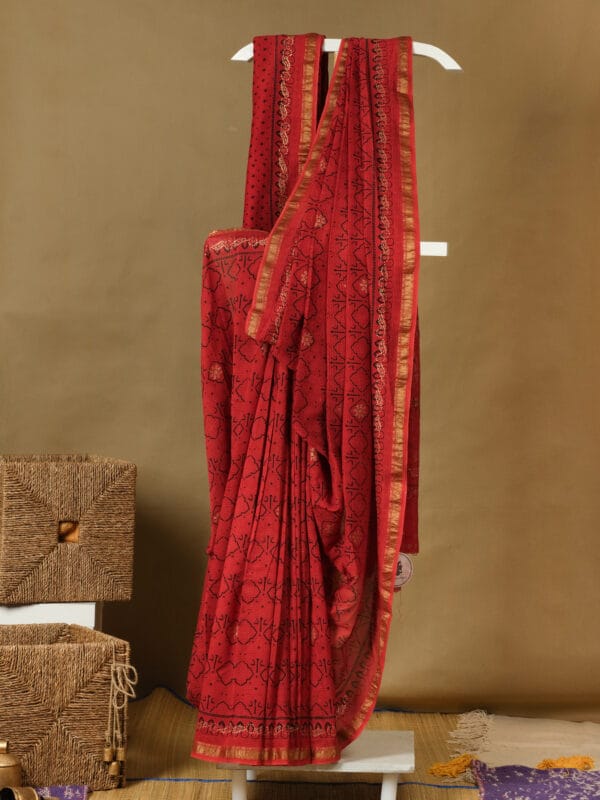 A handloom chanderi with block & rogan print silk with a zari border. - Image 2
