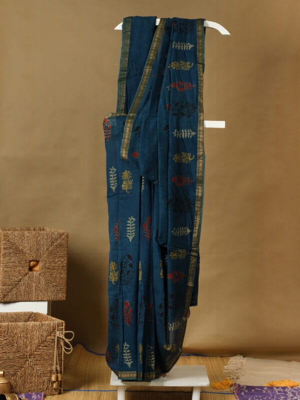 A handloom chanderi with block prints & zari border - Image 2