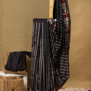 A pure banarasi silk with a vertical silver lines & a hand woven deer motifs in zari border gives a refined look.