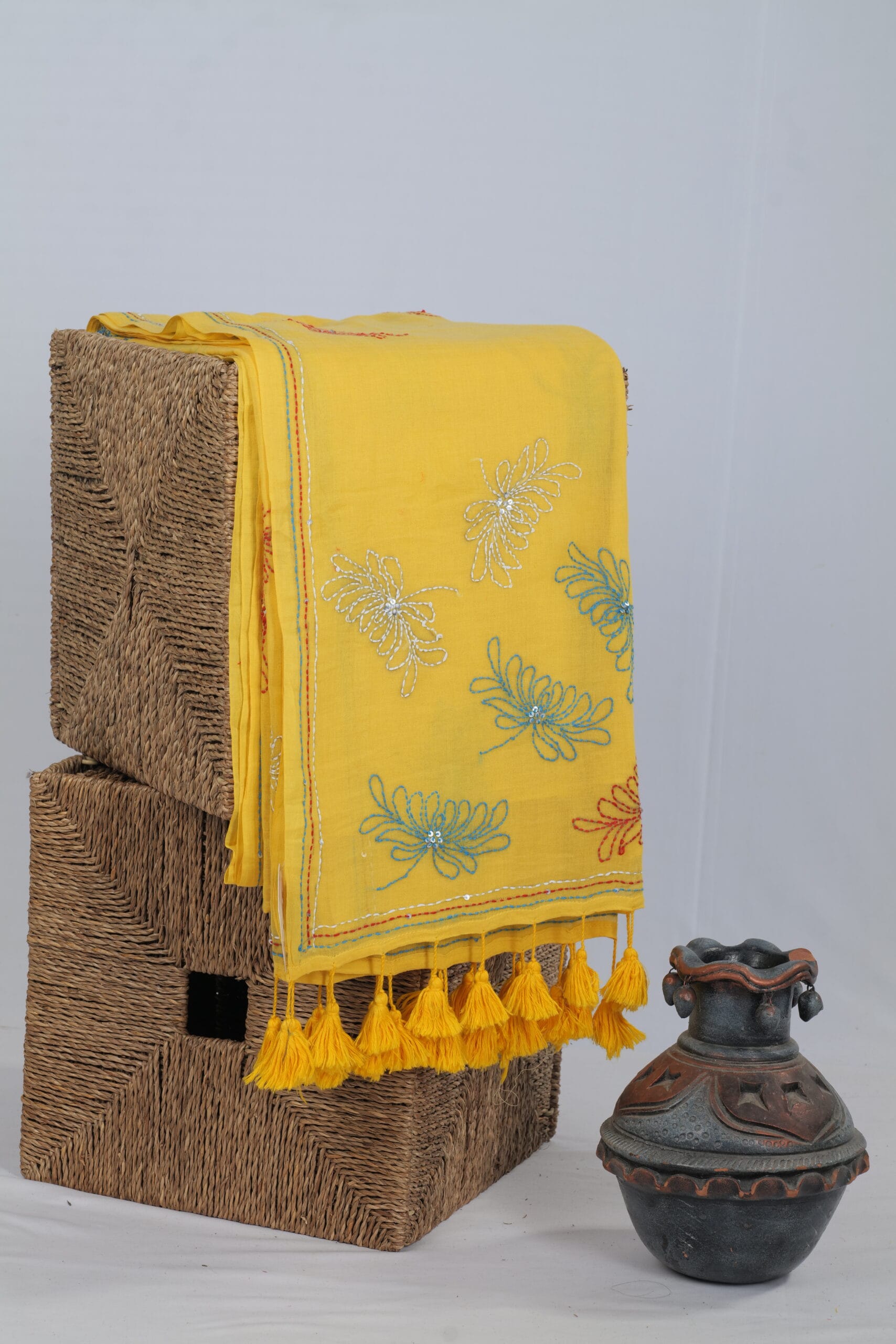 Mul saree with floral kantha butties