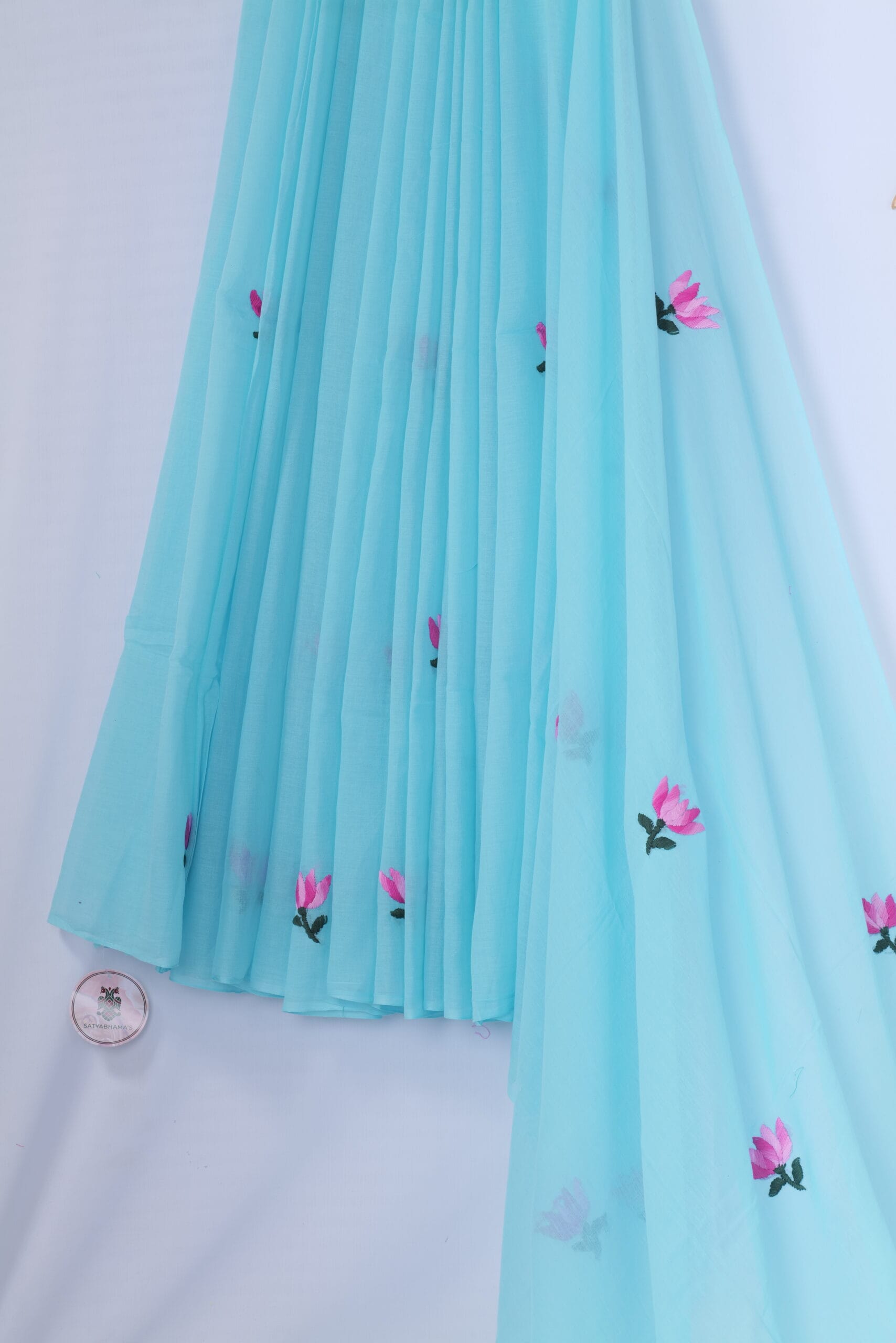 mul saree with satin rose work