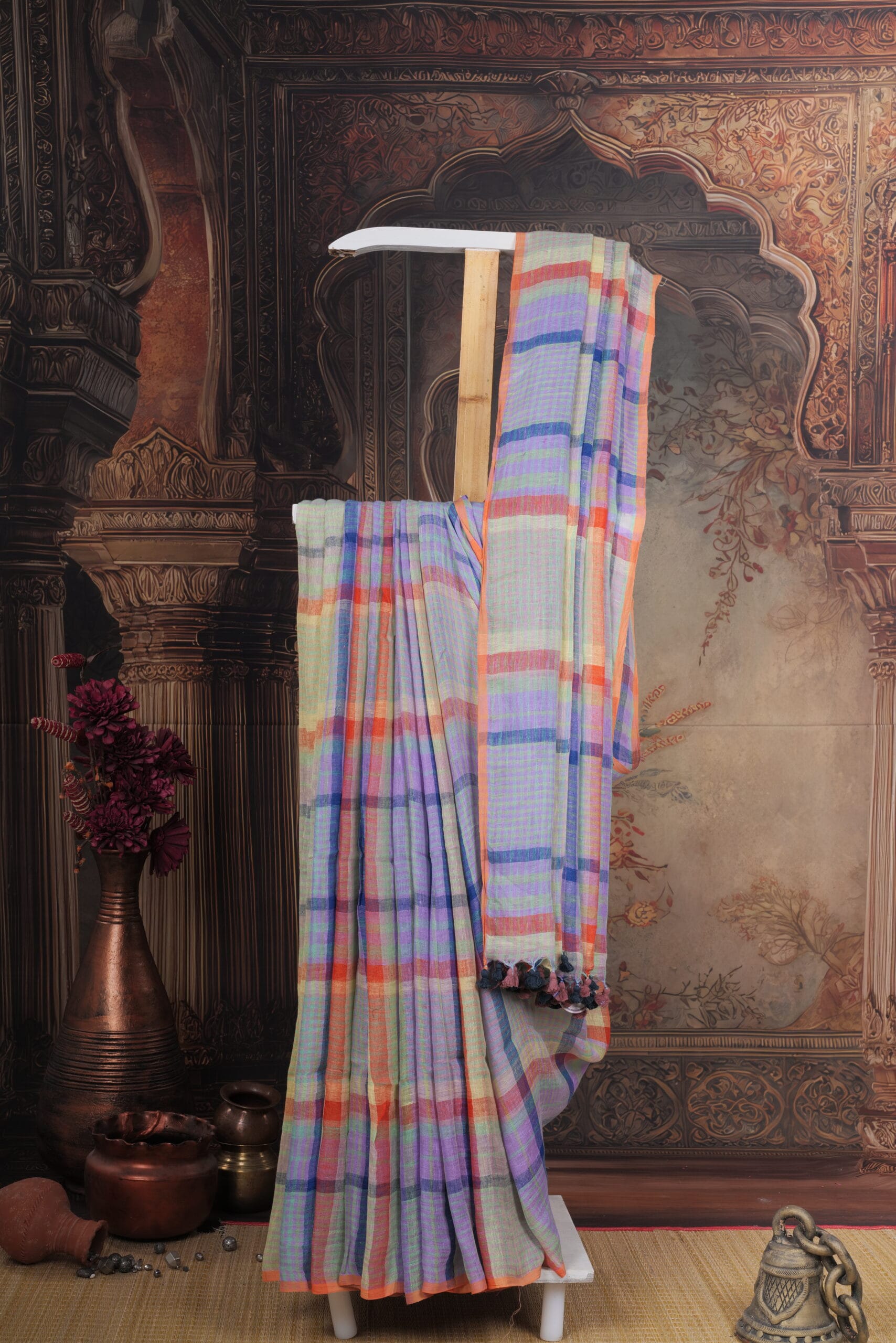 linen checks saree